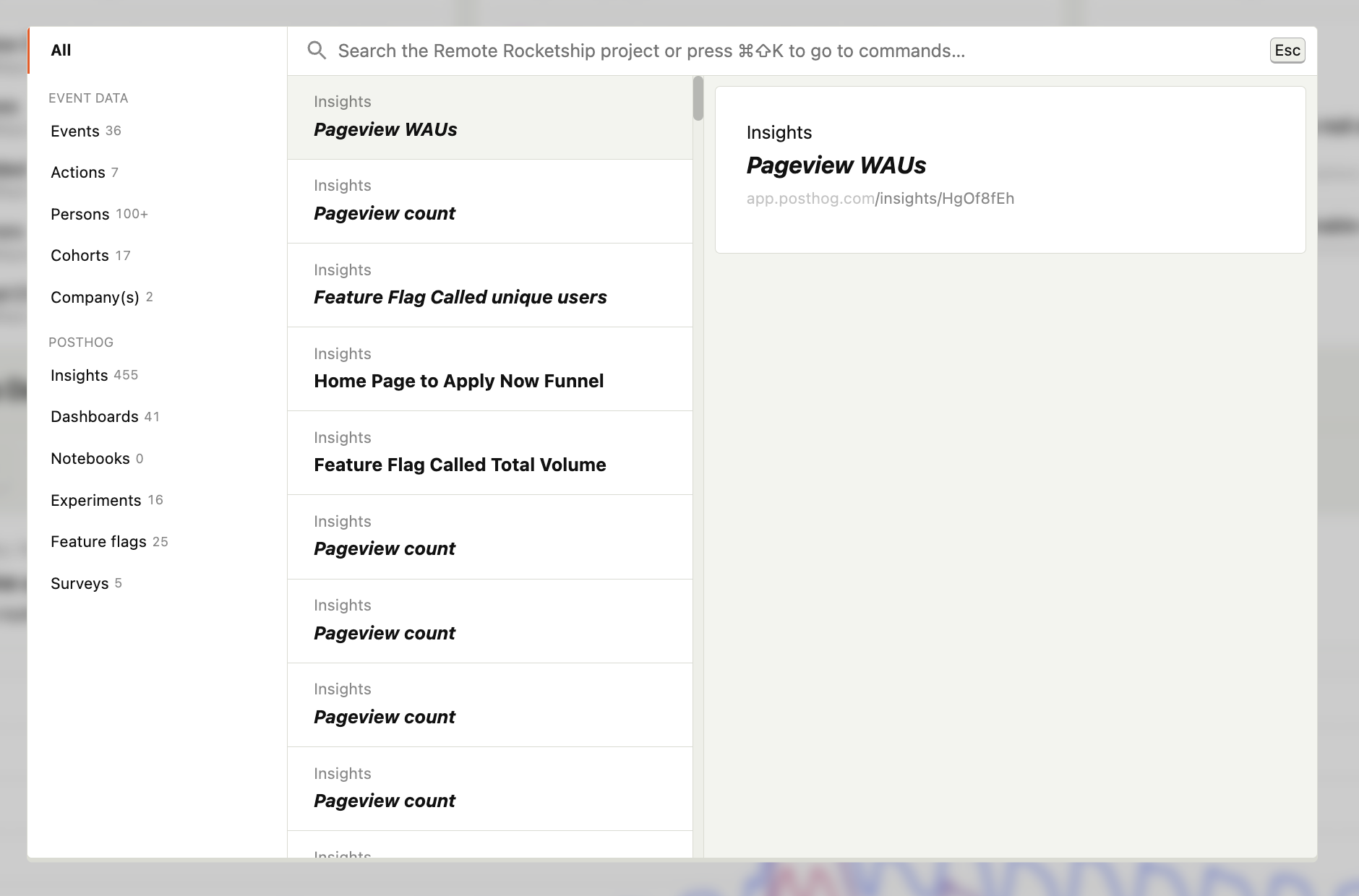 PostHog command palette