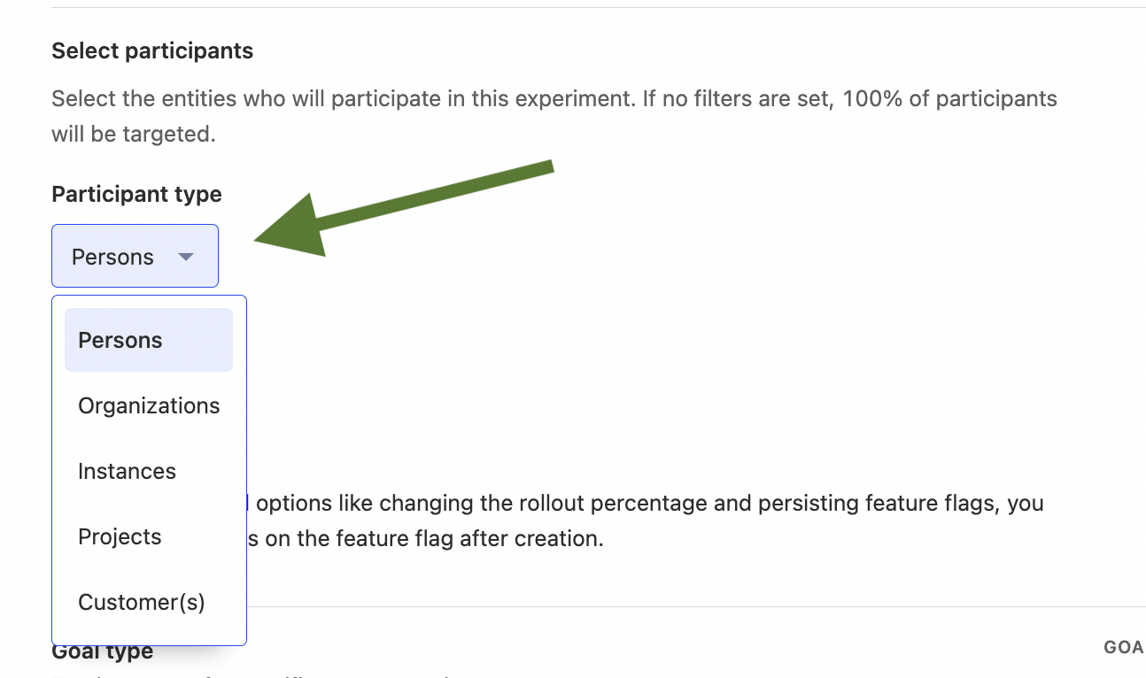 Screenshot of setting the participant type in an experiment